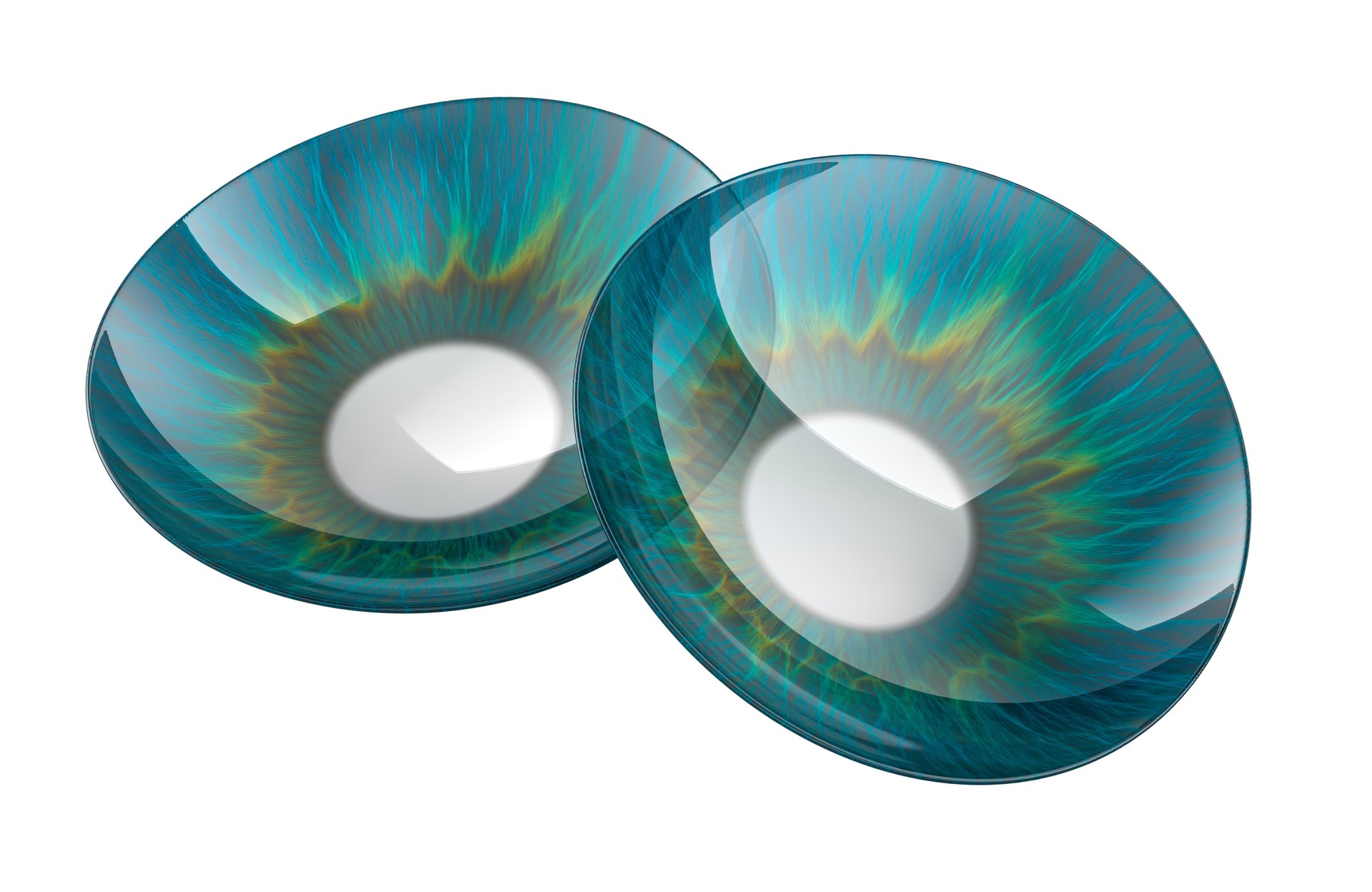 Colored Contact Lenses with green-blue iris. 3D Rendering