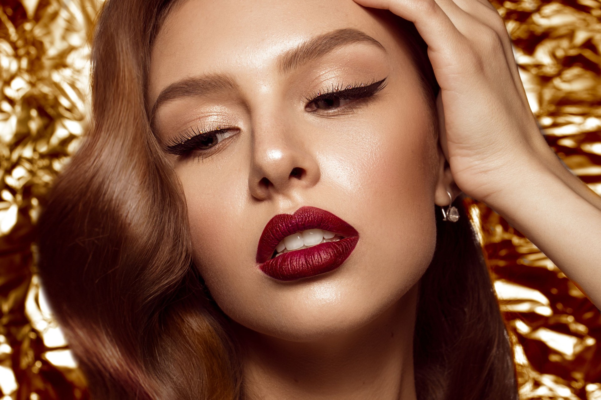 beautiful girl in Hollywood image with wave and classic makeup. Beauty face.